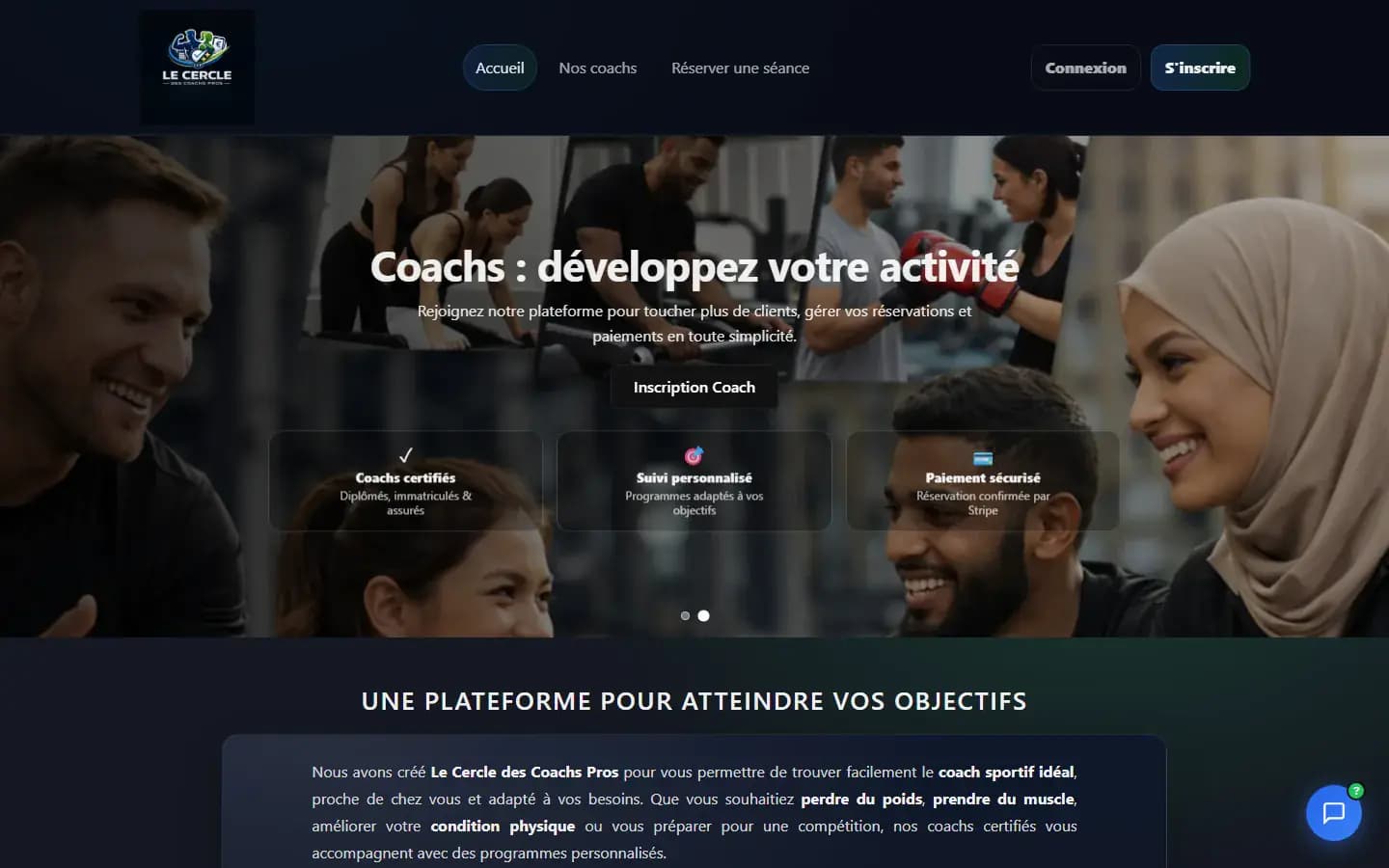Page d’accueil du site Cercle des Coachs Pros sur ordinateur