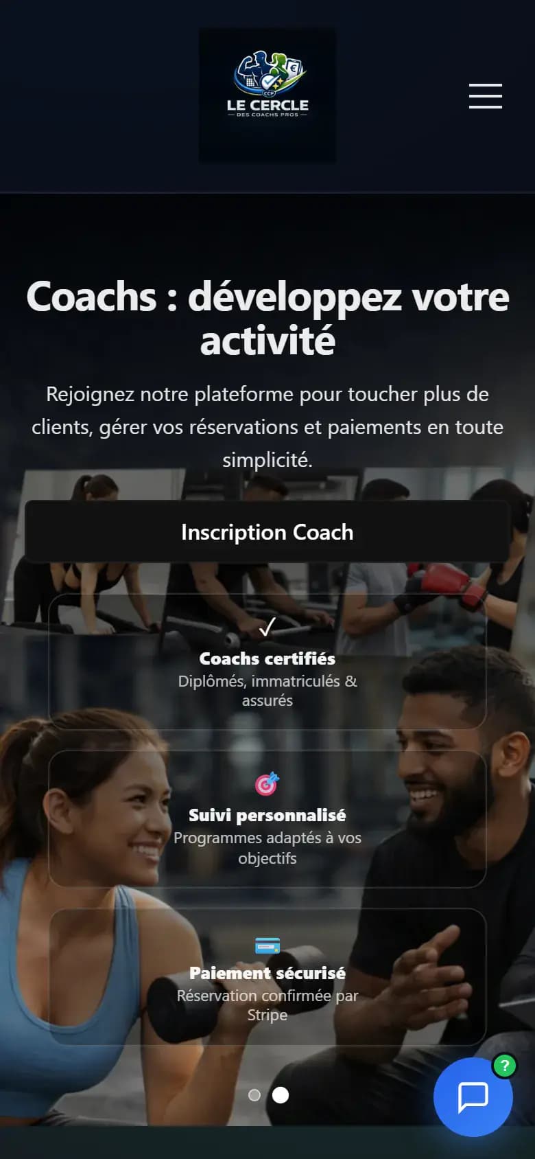 Page d’accueil du site Cercle des Coachs Pros sur mobile