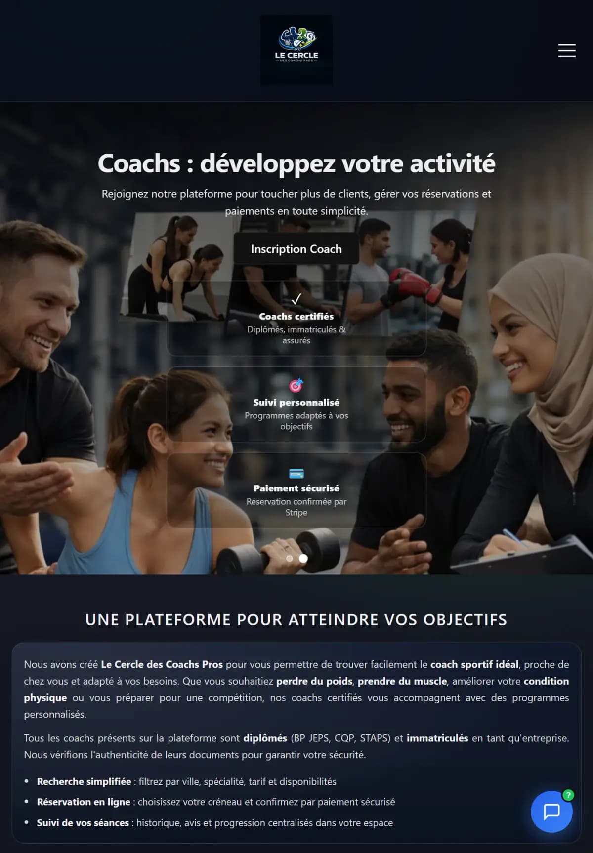 Page d’accueil du site Cercle des Coachs Pros sur tablette