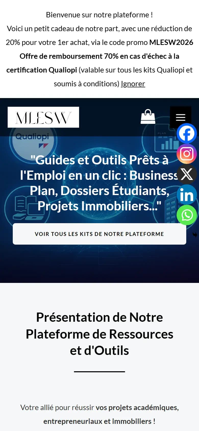 Page d’accueil du site MLESW sur mobile
