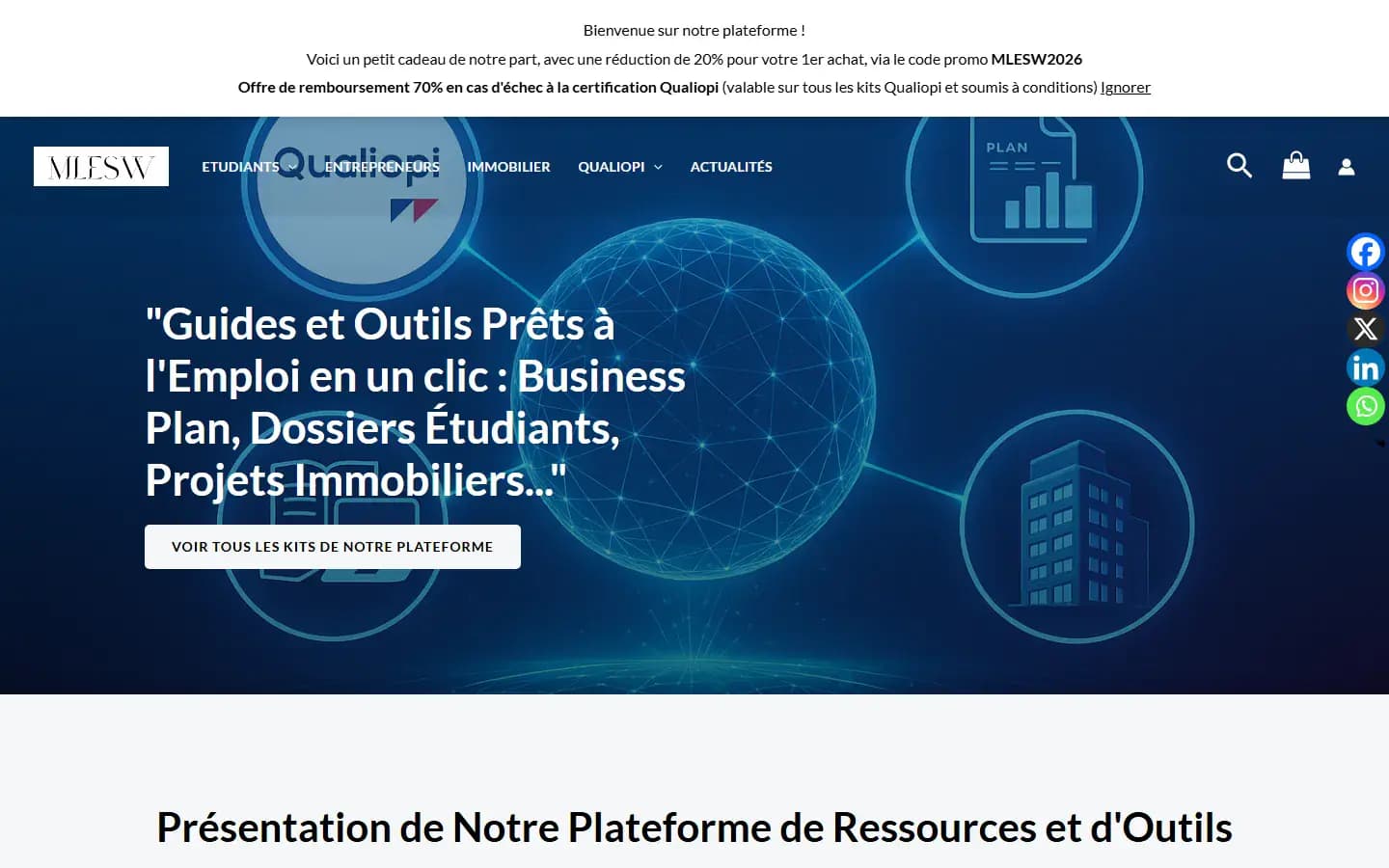 Page d’accueil du site MLESW sur ordinateur
