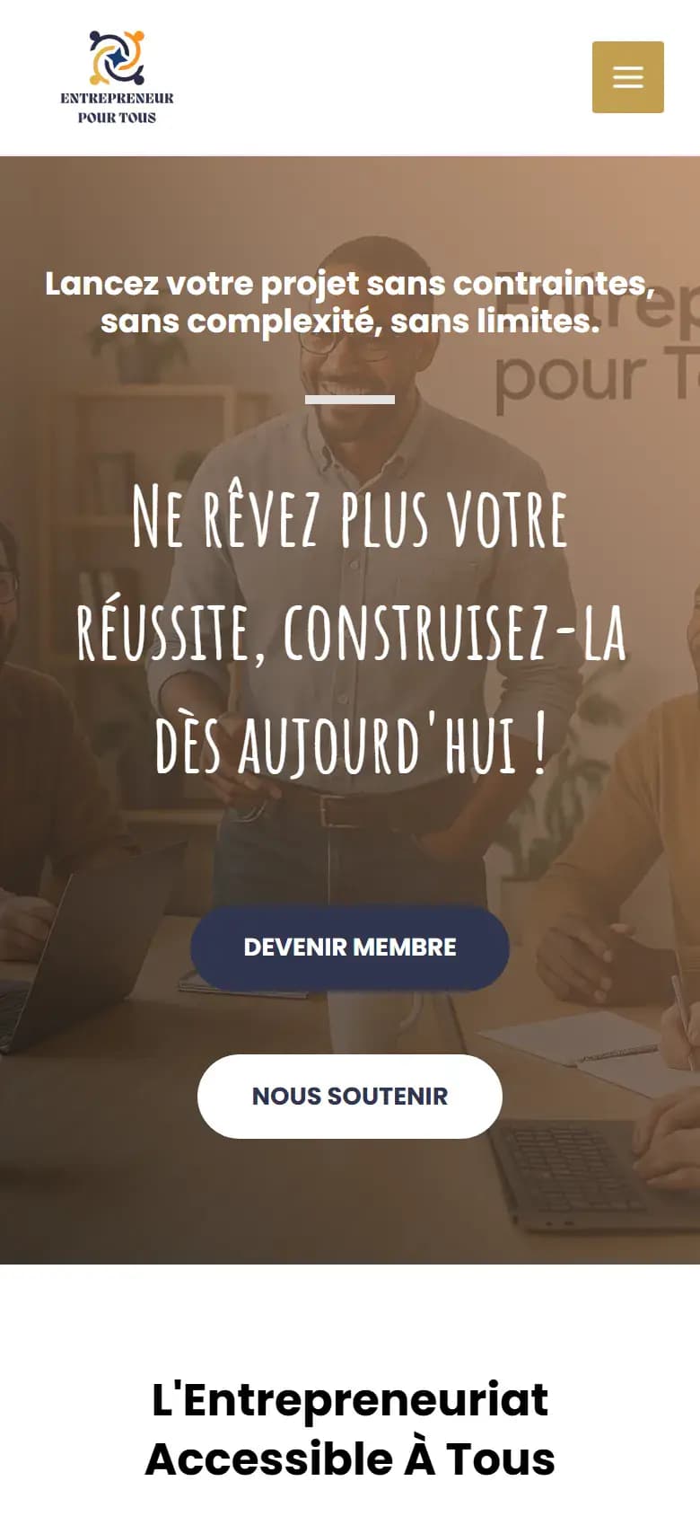 Page d’accueil du site Entrepreneur pour tous sur mobile