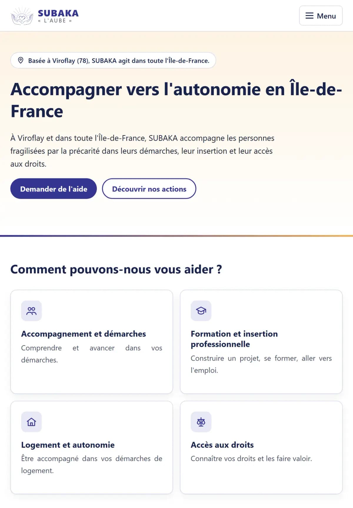 Page d’accueil du site Association Subaka sur tablette