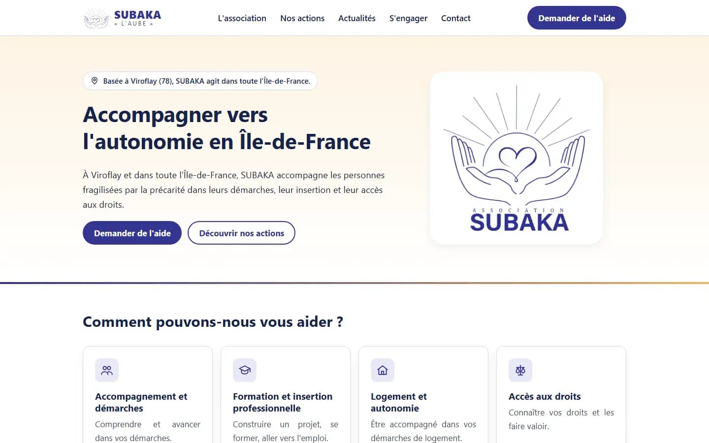 Page d’accueil du site Association Subaka sur ordinateur