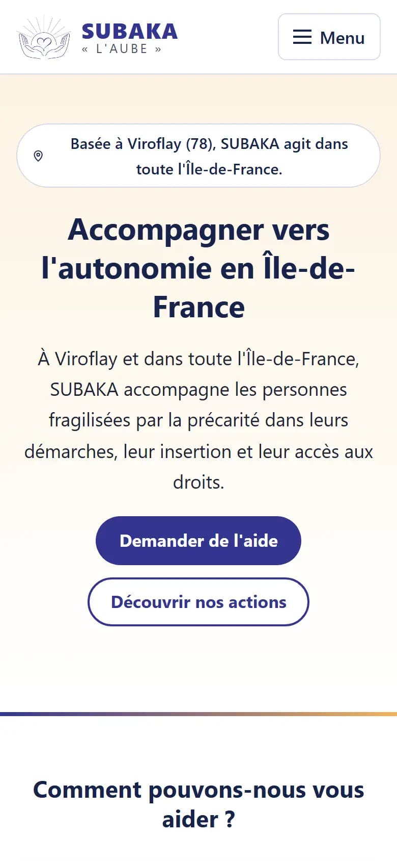 Page d’accueil du site Association Subaka sur mobile