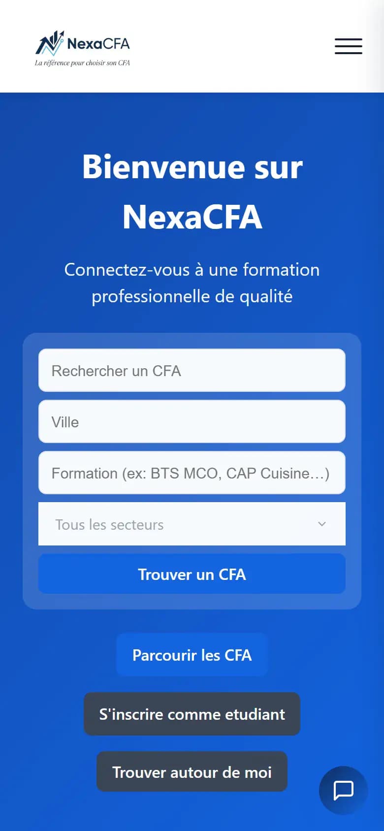 Page d’accueil du site NexaCFA sur mobile