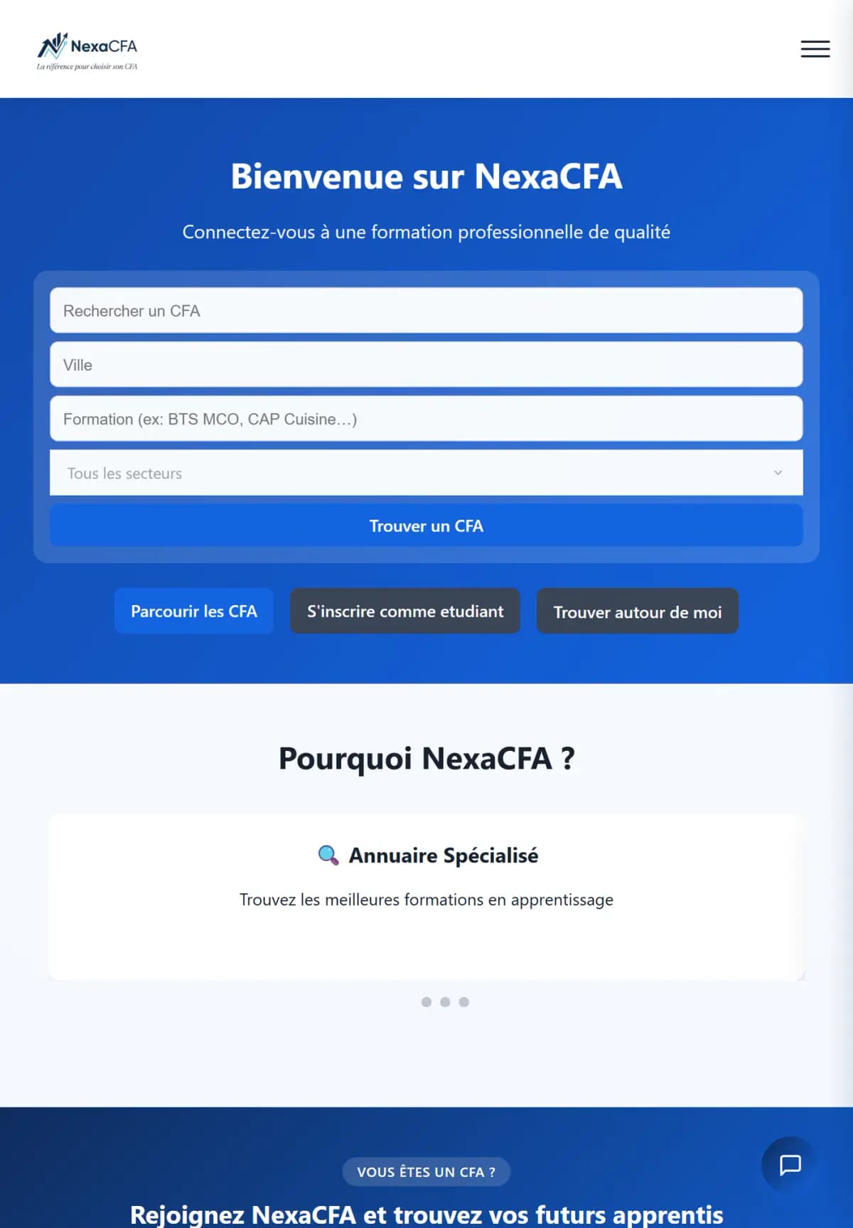 Page d’accueil du site NexaCFA sur tablette